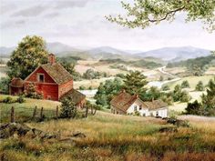 a painting of a farm scene with red barns