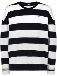 black/white horizontal stripe pattern appliqué logo crew neck drop shoulder long sleeves ribbed trim straight hem Applique Sweatshirt, Striped Crewneck, Mens Attire, Half Zip Sweatshirt, Logo Label, Pink Hoodie, Zip Sweatshirt, Mens Swimwear, Grey Hoodie