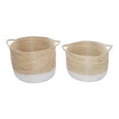 two white and beige baskets with handles