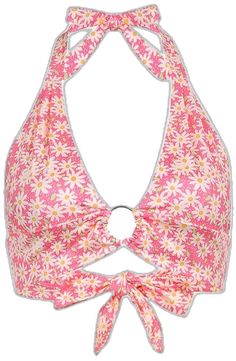 Fitted Pink Floral Print Halter Top, Summer Floral Print V-neck Halter Top, Floral Print V-neck Halter Top For Summer, Stretch Floral Print Halter Top For Summer, Red V-neck Halter Top For Summer, Pink V-neck Halter Top For Vacation, Summer Pink V-neck Halter Top, Pink V-neck Halter Top For Summer, Red Halter Top For Spring Vacation