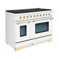 a white stove with two ovens sitting on top of each other in front of a white background