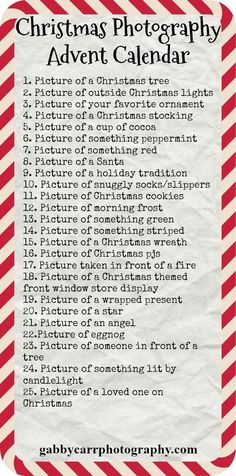 a christmas photography calendar with red and white stripes on the bottom, which is written in black