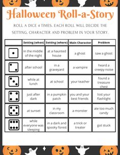 a halloween roll - a - story game with pumpkins and ghost faces on it