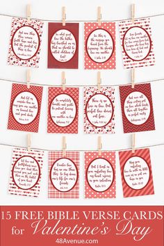 Colorful Photo of 12 FREE Printable Bible Verse cards for Valentine's Day attached to hanging strings by a clothespin. Free Printable Bible Verse Cards, Valentine Verses, Friend Valentine Card