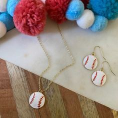 This is our Softball necklace and earring set! The perfect set for your little sports loving gal! This cute set comes on a gold plated chain. This listing is for the necklace, earrings, or both! - Enamel Pendant - Gold Plated Necklace and clasp This jewelry is custom made to your preferences and will be ready to ship within 3-5 days. Follow us on Instagram (@littlebabegems) to see shop updates and our current sales! WARNING This item contains small parts that could cause choking and is not inten Sporty White Jewelry For Game Day, Sporty Red Jewelry For Game Day, Sporty Jewelry For Baseball Season Game Day, Sporty Jewelry For Baseball Game Day, Sporty Jewelry For Baseball Season, Baseball Necklace For Boys, Baseball Chain Necklaces, Softball Bracelet, Softball Jewelry