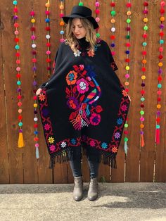 One Size Embroidered Poncho For Festivals, One Size Embroidered Poncho For Fall, Embroidered One Size Poncho For Fall, Mexican Kimono, Winter Festival Embroidered Poncho, Embroidered One-size Poncho For Fall, Fall Folk Embroidered Poncho, Festival Poncho With Multicolor Floral Embroidery, Traditional Multicolor Poncho With Floral Embroidery