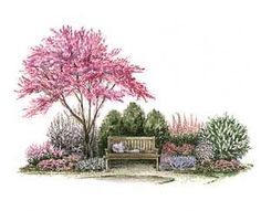 a painting of a bench in the middle of a garden with pink flowers and trees