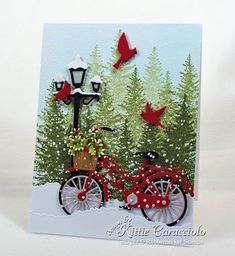 a christmas card with a bicycle and bird on the street light in front of snow - covered trees