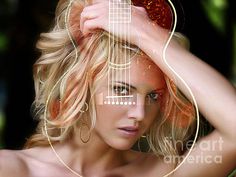 a beautiful blonde woman holding an acoustic guitar in her hands metal print by walter kohn