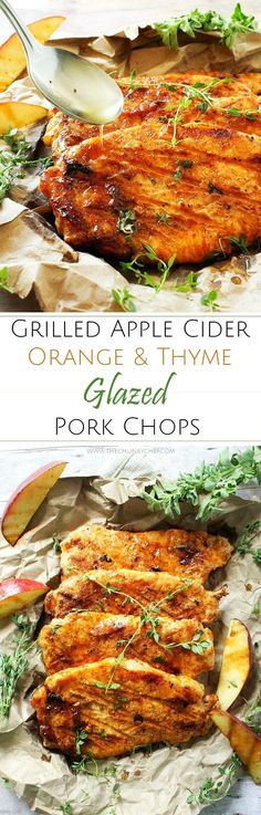 grilled apple cider orange and thyme glazed pork chops with herbs on top