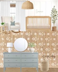 a baby's room is shown with furniture and decor in shades of blue, beige, and white