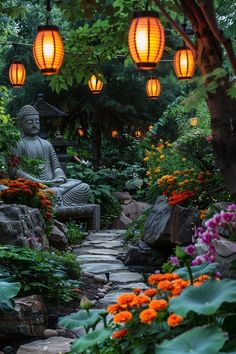 a buddha statue sitting in the middle of a garden with lanterns hanging from it's ceiling