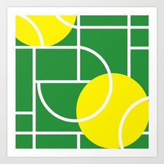 a green and yellow art print with tennis balls on the court in front of it