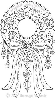 a black and white drawing of a christmas wreath with ornaments on the front, surrounded by stars