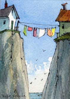 there is a house on the cliff with clothes hanging out to dry in the wind