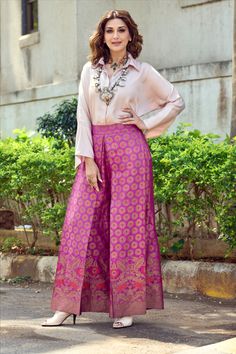 in our handwoven silk brocade pants + silk shirt Suits With Pants Indian, Brocade Western Outfits, Indowestern Pant Outfits, Modern Diwali Outfits, Trendy Indian Suits, Brocade Designer Suits, Brocade Pants Outfit Indian, Brocade Pant Suit Women, Pink Brocade Dress Styles