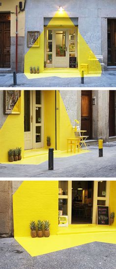 two pictures of the outside of a building with yellow paint and plants in front of it