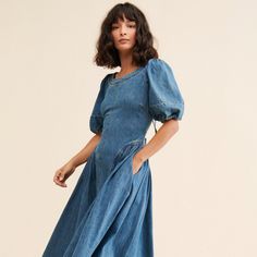 Puff-Sleeve Seamed Denim Dress Denim Dress With Lace Trim, Western Inspired Dress, Linen A Line Dress, Soft Denim Dress, Denim Dress Long Sleeve, Modest Denim Dress, Blue Cotton Maxi Dress, Appalachia Wedding, Denim Maxi Dress Outfit