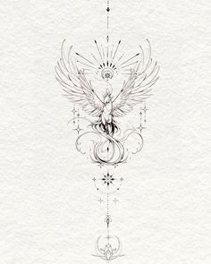 a drawing of a bird with wings on it's back and an ornate design in the middle