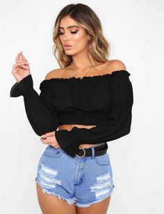 Ruffle Off The Shoulder Lantern Long Sleeve Chiffon Crop Top Blouses Chiffon Crop Top, Camo Dress, Crop Top And Shorts, Crop Top Shirts, Women Long Sleeve Tops, Chiffon Long Sleeve, Crop Top Blouse, Long Blouse, Crop Tops Women