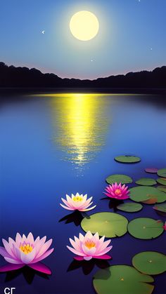 water lilies are floating on the surface of a lake under a moonlit sky