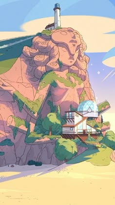 an animated image of a lighthouse on top of a mountain