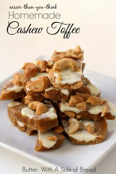 homemade cashew toffee recipe on a white plate