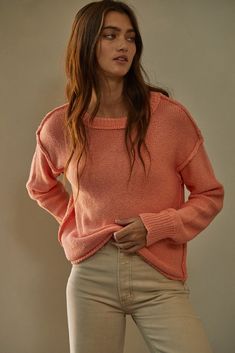 Knit crewneck pullover sweater. 100% Cotton Cropped Cardigan Sweater, Pink Design, Jumpsuit Shorts Rompers, Salmon Pink, Cropped Cardigan, Short Rompers, Pink Sweater, Summer Essentials, Keep Warm