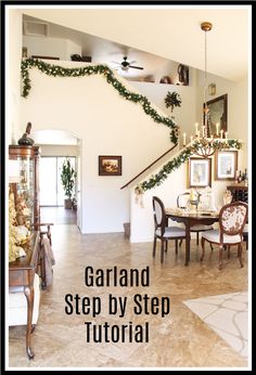 the stairs are decorated with greenery and garland for holiday decor, as well as other decorations