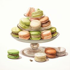 a painting of macaroons on a cake stand