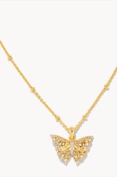 Bring some timeless charm to your necklace stack with the Delicate Butterfly 18k Gold Vermeil Pendant Necklace in White Sapphire. Featuring a stunning butterfly charm and intricate metalwork, wear this classic symbol of rebirth and transformation for a meaningful statement. Yellow Gold Pendant Jewelry With Butterfly Clasp, Elegant Butterfly Charms Jewelry, Elegant Gold Butterfly Charm Necklace, Luxury Gold Jewelry With Butterfly Clasp, Elegant Gold Charm Necklace With Butterfly, Delicate Gold Plated Jewelry With Butterfly Charm, Delicate Gold-plated Jewelry With Butterfly Charm, Gold Plated Butterfly Charm Pendant Necklace, Elegant Gold Necklaces With Butterfly Charm