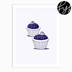 two blueberry cupcakes are shown in this hand drawn art print on paper