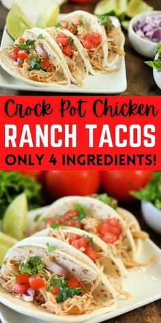 three chicken ranch tacos on plates with lettuce, tomatoes and cilantro