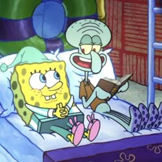 spongebob and patrick in bed reading a book