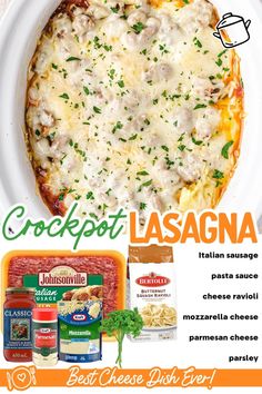 an advertisement for crockpot lasagna on a plate with cheese and seasoning