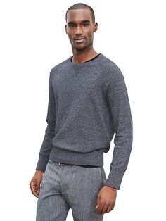 Chambray-Trim Pullover Everyday Knit Sweatshirt With Ribbed Cuffs, Knit Sweatshirt With Ribbed Cuffs, Casual Sweater With Ribbed Cuffs For Work, Casual Knit Sweatshirt For Work, Casual Sweater With Ribbed Cuffs For Gatherings, Casual Sweater With Ribbed Cuffs, Elbow Patches, Chambray, Banana Republic