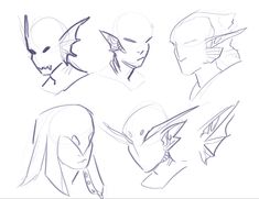 some sketches of the head and shoulders of an anime character in various poses, with one being