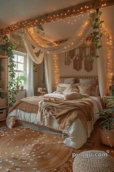 a bedroom decorated with lights and greenery