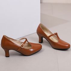 Shop Women's Vintage Brown T-Strap Mary Jane Low Heel Pumps Dress Shoes color Brown for Anniversary, Hanging out, School, Work with worldwide Free shipping & Free return. Retro Mary Janes With Heel Strap And Low Heel, Vintage Low Heel Mary Janes With Heel Strap, Vintage Brown Heels With Heel Strap, Brown Retro Heels Medium Width, Brown Low Heel Mary Janes With Buckle Closure, Ivory Heels Wedding, Blue Satin Heels, Navy Blue Wedding Shoes, Zebra Print Shoes