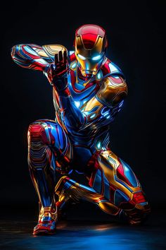 the iron man is sitting down with his hands on his hips and arms behind his back