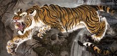 a painting of a tiger leaping over a waterfall with its mouth open and teeth out