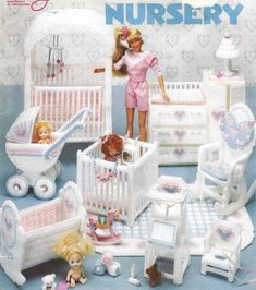 an advertisement for a doll nursery with dolls and cribs