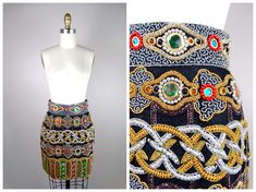 "This is an amazing vintage skirt, heavily embellished with jewels, sequins and beading. It's in perfect condition! Waist - 26\" Hips - 36\" Length - 18\" This item comes from a pet-free and smoke-free home. If you would like more info or have any questions, please don't hesitate to ask!" Embellished Multicolor Skirt For Party, Multicolor Embellished Skirt For Parties, Traditional Embellished Skirt For Party, Fitted Bohemian Embellished Skirt, Festive Embellished Fitted Skirt, Traditional Fitted Sequin Skirt, Fitted Beaded Mini Skirt, Fitted Beaded Evening Skirt, Evening Beaded Fitted Skirt