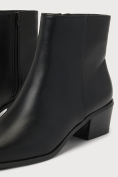 The Lulus Rayaa Black Low Ankle Booties will be the perfect addition to all your favorite fall ensembles! These essential boots are composed of smooth faux leather that shapes a single sole silhouette and a squared-toe upper that rises to an ankle-high shaft (with a 5.5"" zipper at the instep). A stacked, low block heel makes these boots comfortable as well as stylish! 1. 75" stacked block heel. Lightly cushioned insole. Rubber sole has nonskid markings. All Man Made Meterials. Imported. Lulus | Low Heel Faux Leather Boots For Work, Low Heel Faux Leather Heeled Boots Medium Width, Sleek Medium Width Faux Leather Boots, Casual Square Toe Heeled Boots In Faux Leather, Sleek Ankle-high Faux Leather Boots, Casual Faux Leather Heeled Boots With Square Toe, Classic Faux Leather Boots With Stacked Heel, Sleek Ankle Boot Heeled Boots In Faux Leather, Sleek Ankle Heeled Boots In Faux Leather