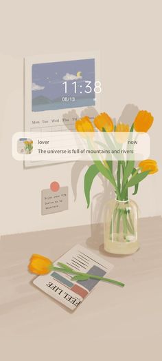 a vase filled with yellow flowers sitting on top of a table next to a smart phone