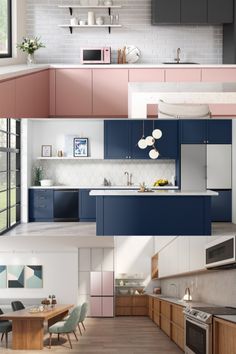 the kitchen is decorated in blue, pink and white with lots of counter space on each side