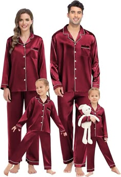 SWOMOG #Family #Matching #Pajamas Set #Silk #Satin Button Down Sleepwear Long Sleeve Nightwear 2 Pcs Pj Set Shorts Night Suit, Couple Matching Pajamas, Mens Silk Pajamas, Mens Christmas Pajamas, Satin Pjs, Outfits Trending, Matching Family Christmas Pajamas, Pyjama Satin