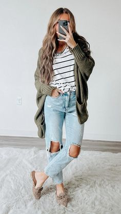 www.mindymaesmarket.com  • Lizzie Top  • Patton Cardigan   • Leopard Flats  • Distressed Denim Midsize Fall Outfits, Mom Outfits Fall, Trendy Mom Outfits, Casual Mom Style, Slouchy Cardigan, Simple Fall Outfits, Leopard Flats, Cocoon Cardigan, Midi Skirts