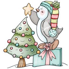 a penguin is standing next to a christmas tree with presents in front of it and a star on the top