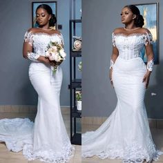 two photos of a woman in white wedding dresses, one is wearing an off the shoulder dress